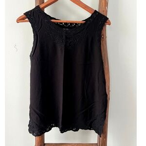 Dancing Heart Tank Top Embroidered Sleeveless Black Casual Top Size M
